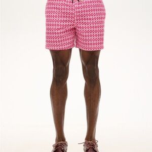 Superdry Swim Trunks Men’s Medium Red White Geometric Mesh Lined Vacation Beach